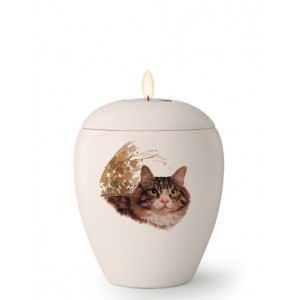 Small Ceramic Cremation Ashes Candle Holder Urn – Pet Cat Animal – Hand Painted Cat Motif